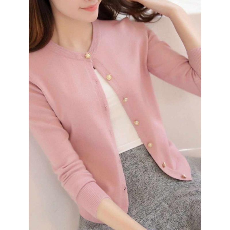 Autumn Winter Knitted Cardigan Women's Sweater Jacket 2025 Round Neck Long Sleeve Korean Version Thin Top Solid Color Casual Simple Outer Top Clothing