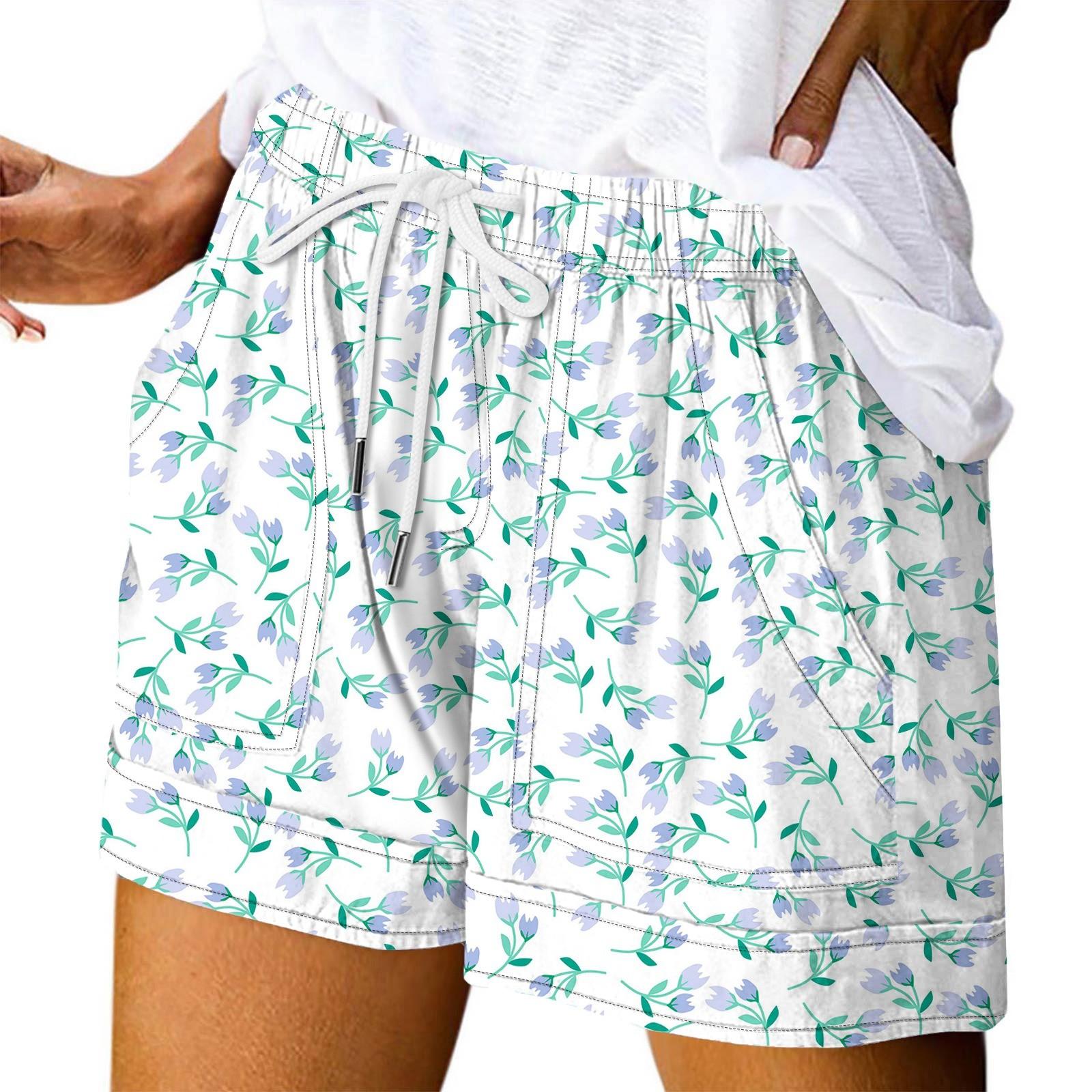 Women s Elastic Waist Beach Shorts Floral Print Casual Summer Shorts Lightweight Comfortable Relaxed Fit Drawstring Waistband XL