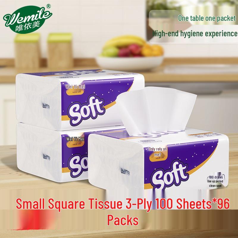 Wei Yi Mei 3-Ply Facial Tissues, 96 Packs of 100 Sheets each, Thickened for Hotels