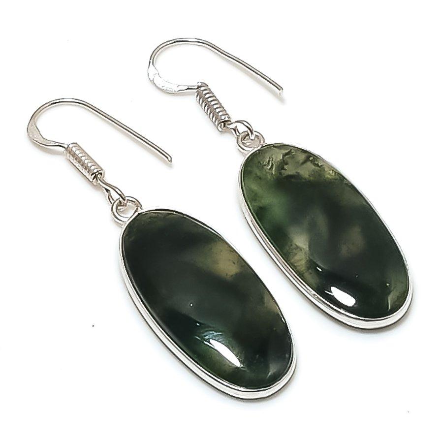 Naturalny Indyjski Agat Mechowy Kamień Szlachetny Kolczyk ze Srebra Próby 925 1,89" AE-11669