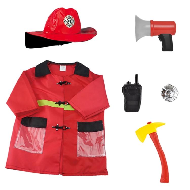 Kids Role Play Fireman Costume with Firefighter Toy Accessories Halloween Builder Worker Clothing for Boy Girl Aged 3-12