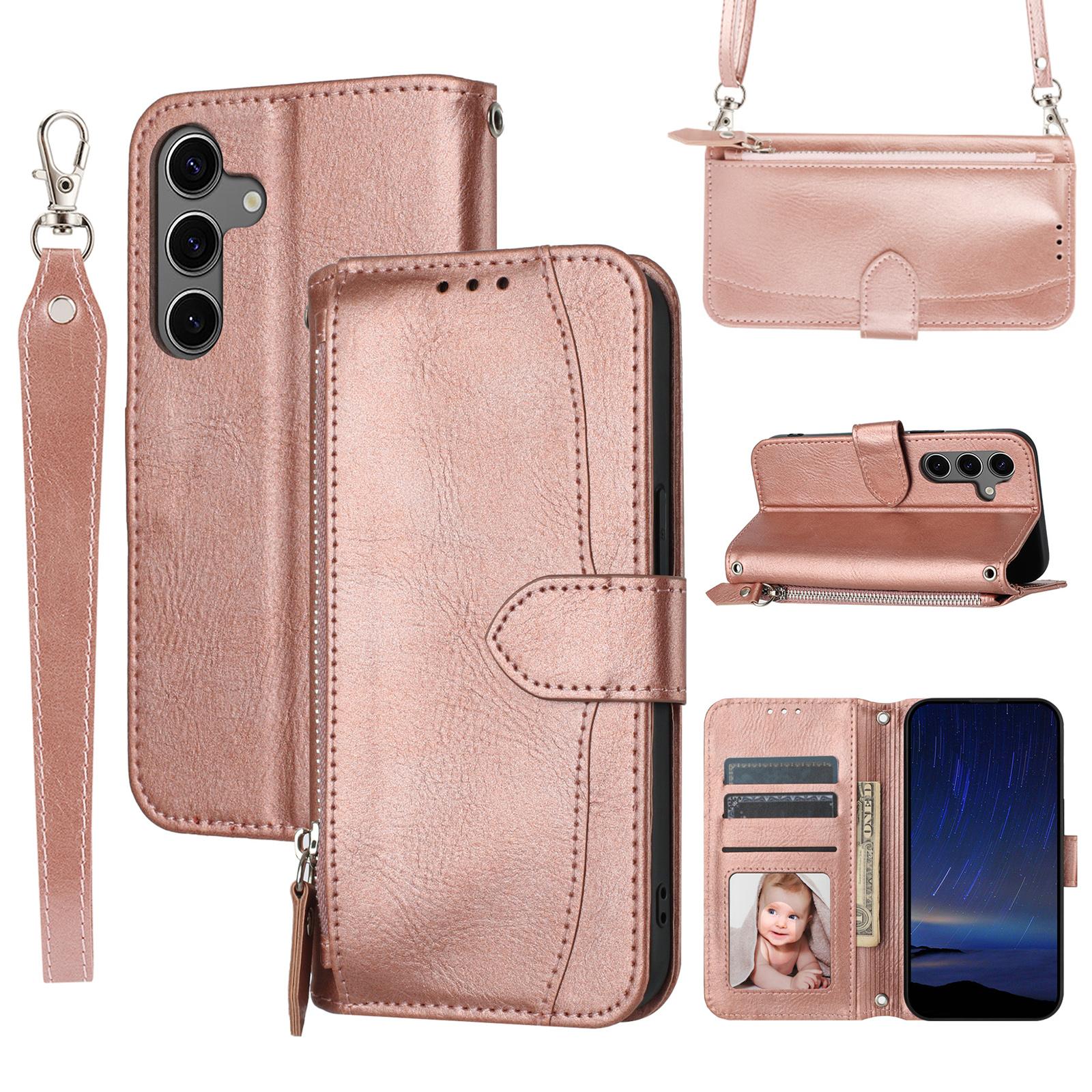 

For Samsung Galaxy S25 Case Zipper Pocket Leather Phone Cover with Crossbody Shoulder Strap Rose Gold