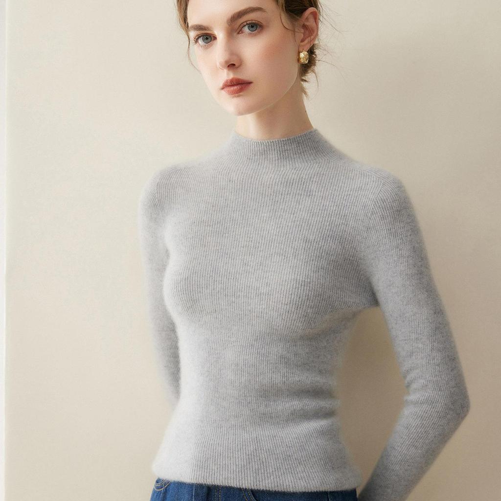 Women's Slim Fit Pure Cashmere Sweater, Half-High Neck, Soft Knit, Solid Color, 2026 Autumn/Winter Collection.