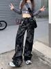 Damen Jeans mit hohem Bund, Designer Drachenprint, lockere Passform, vielseitiger Graffiti-Stil für den Sommer.