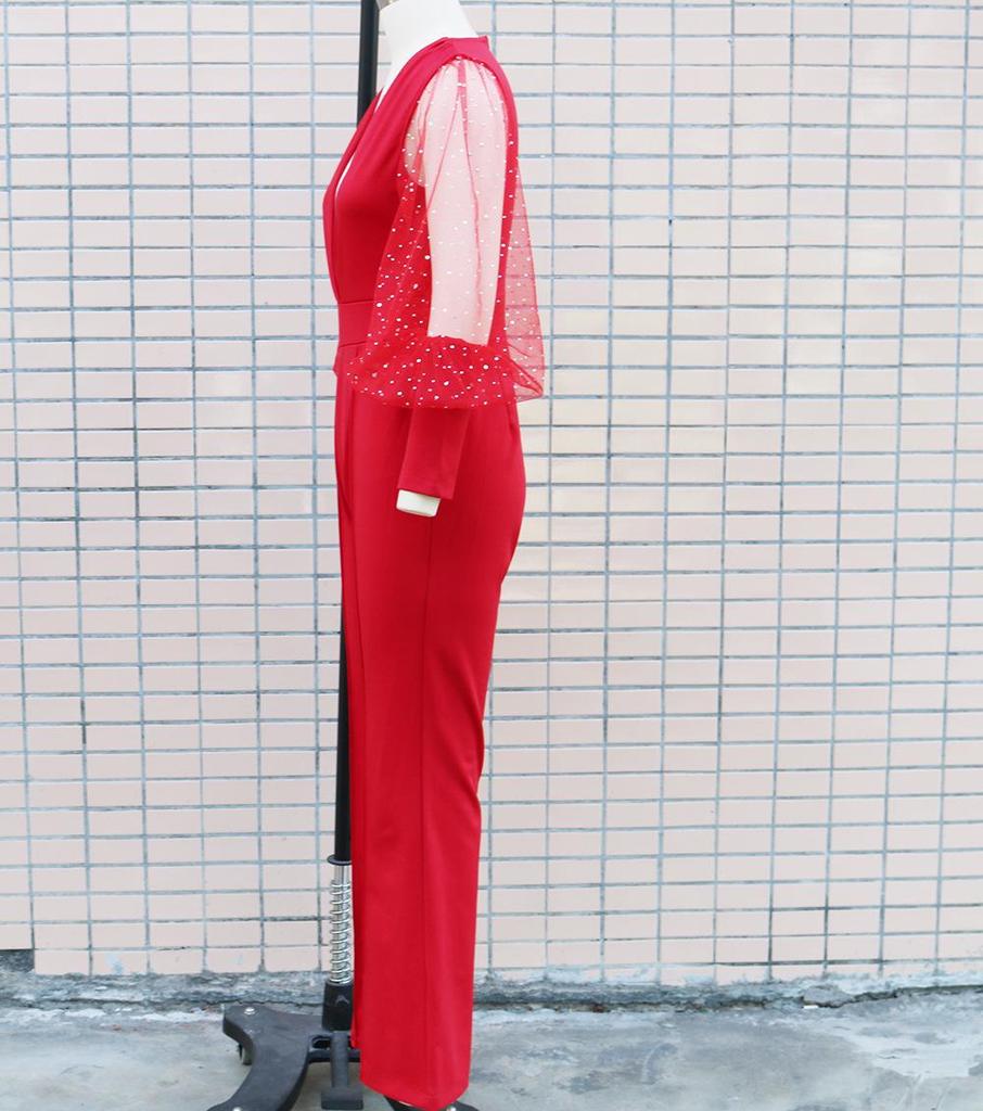 2022 Fall/Winter Women's European & American Style Mesh Spliced Long-Sleeve Slim Wide-Leg Jumpsuit