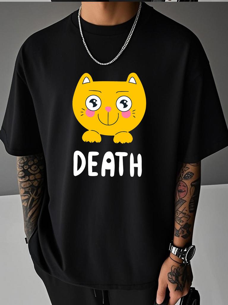 Unisex Summer Casual Short Sleeve T Shirt Cute Yellow Cat Death Letter Graphic Oversized Loose Tees Street Daily Fashion Tops