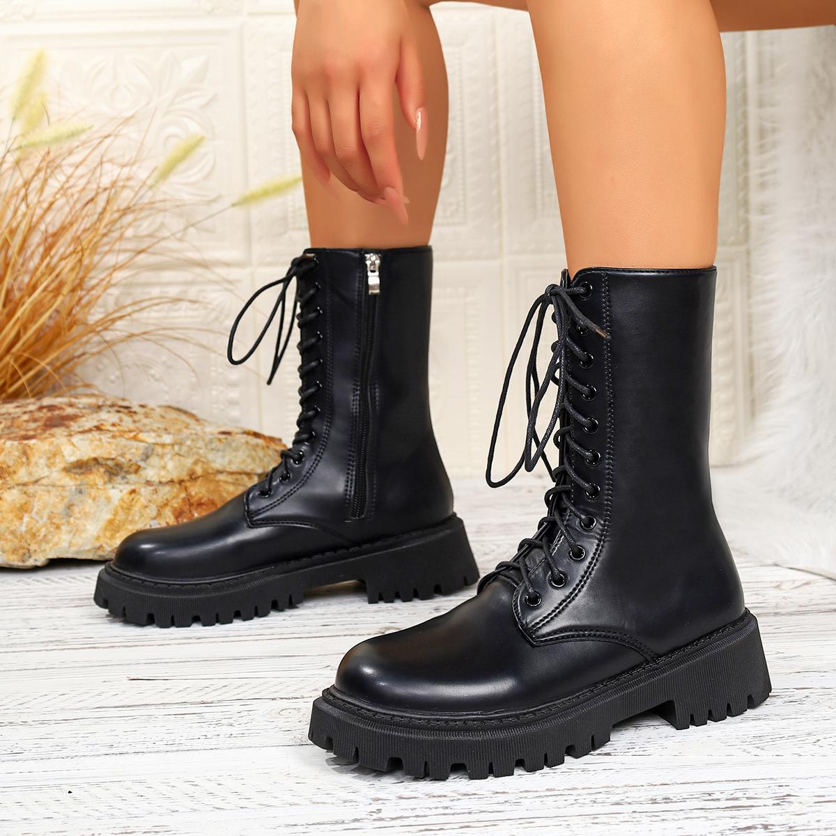 

Women s Fashion Round Toe Square Heel Lace-up Side Zipper Mid-tube Retro All-match Street Style Autumn Women Boots 36-41 40