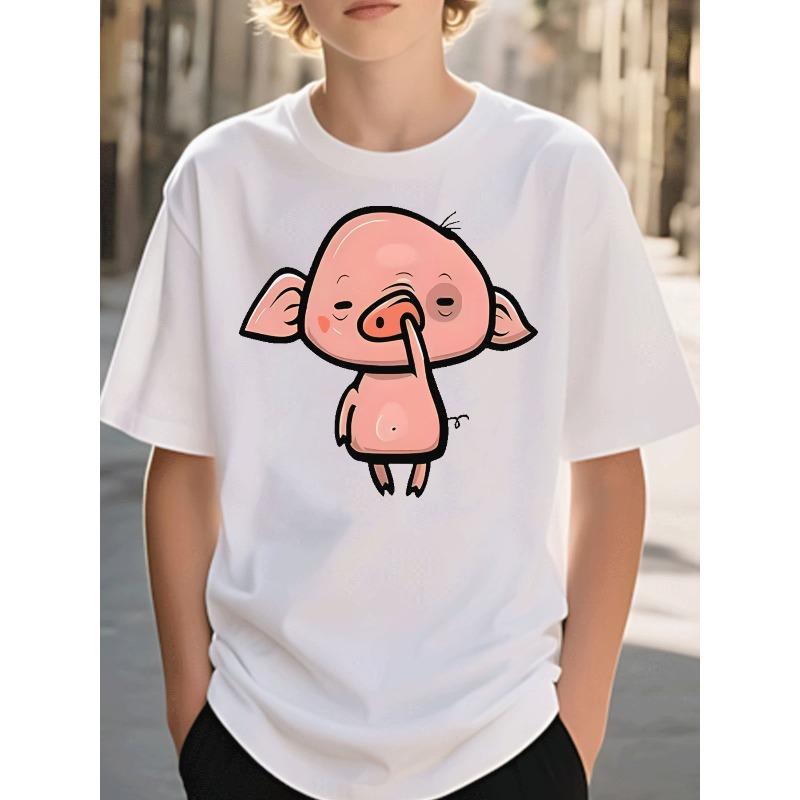 European Sizes Round Neck Boys Clothing Casual Trendy Cartoon Pig Picking Nose Pattern T - Shirt Kids Wear for Boys Street Style Casual Wear