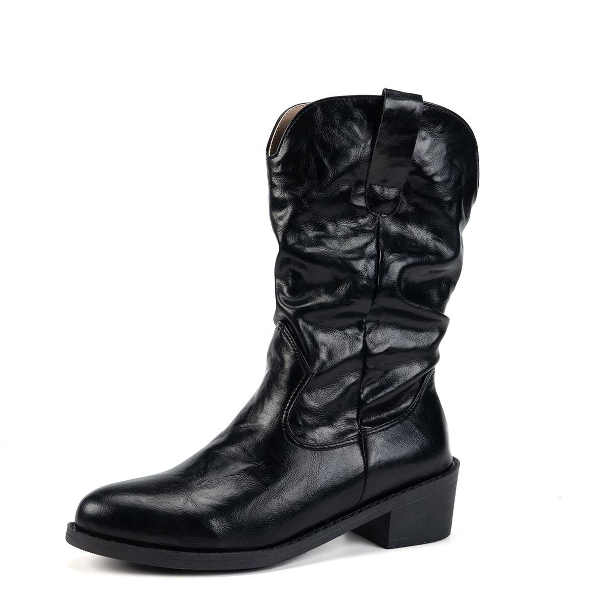 

Осень-зима Большие размеры женские ПУ грубые каблуки Мартин сапоги средние удобные теплые остроносые рыцарские сапоги в стиле вестерн обувь 35-42 40 чёрный