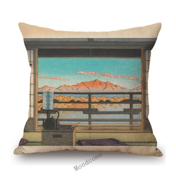 Kawase Hasui-Japanese Woodblock Pillow Case Ukiyo Mount Fuji Temple Beautiful Scenic Art Home Decorative Sofa Car Cushion Cover