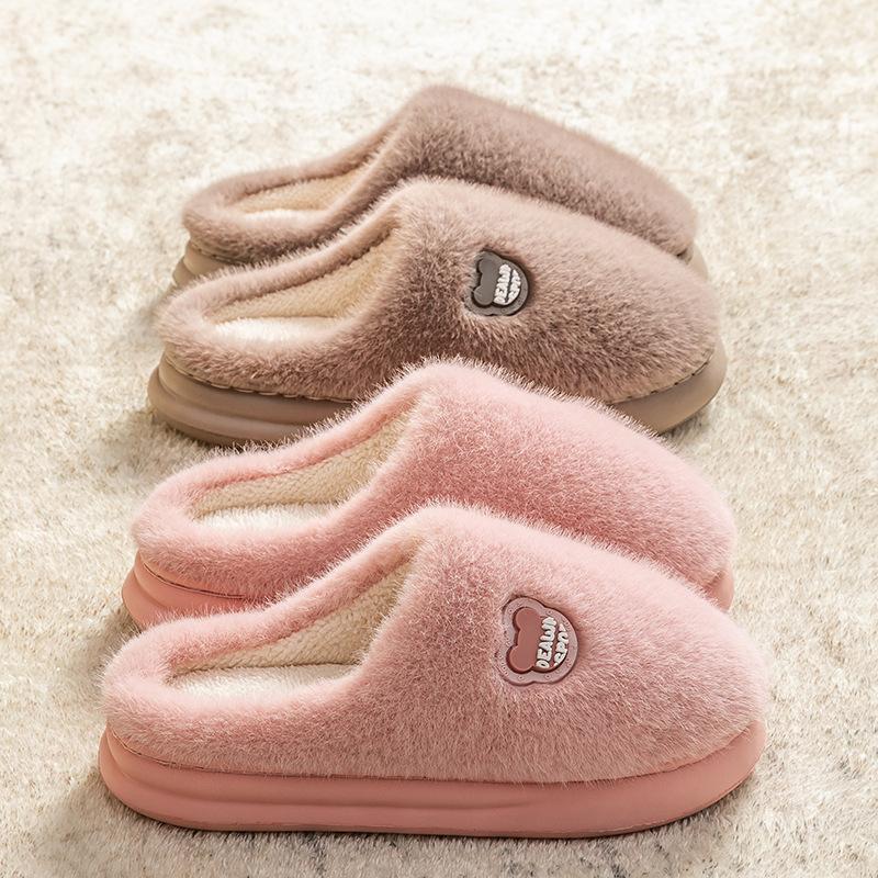 Plush bear label cotton mop autumn and winter leisure indoor home plush thick-soled thermal cotton slippers EVA sole