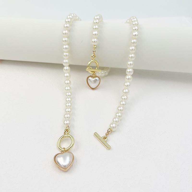 Elegant French Pearl Heart Necklace & Bracelet Set