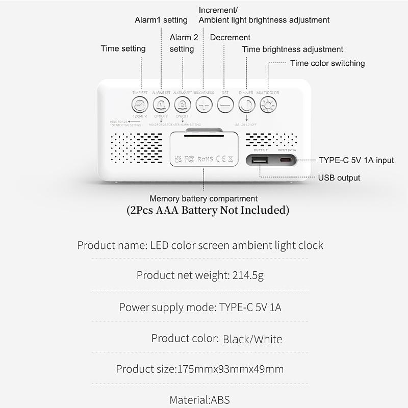 Digital Alarm Clock with 12 Colors Mood Light Auto-Dimming Dual Alarm 12/24H DST Snooze LED Desk Clock for Living Room Bedroom2