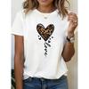 European Size LOVE Leopard Heart Letter Print Short Sleeve T-Shirt, Casual Crew Neck Top, Lightweight Opaque Fabric, Spring Summer Wear