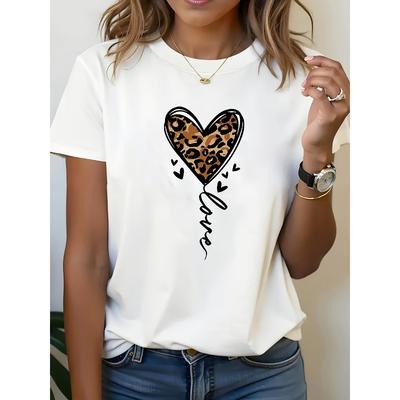 T-shirt a maniche corte con stampa a lettere Cuore Leopardo LOVE, Taglia Europea, Top Casual Girocollo, Tessuto Leggero Opaco, Da indossare in Primavera Estate