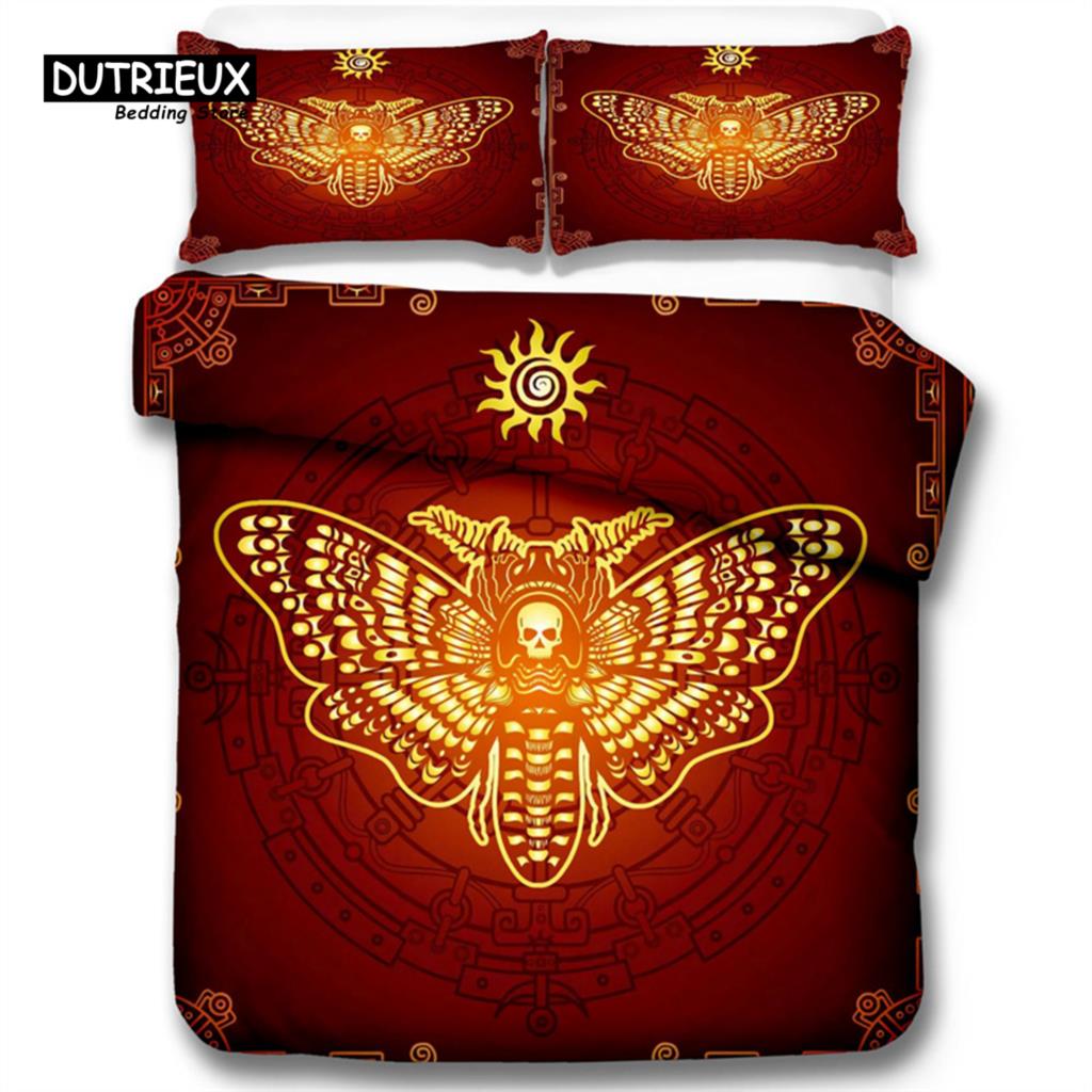 Gothic Skull Bedding Set Death Moth Flowers Print Duvet Cover Skeleton Bones Butterfly Pillowcases