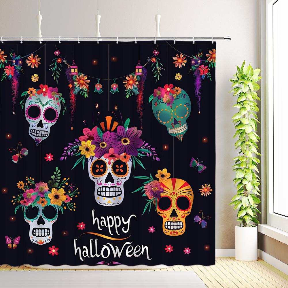 Halloweenské sprchové závěsy Abstraktní Moderní Růžové Květinové Hrůzostrašné Oko Gotické Strašidelná Lebka Kostra Koupelnová Dekorace s Háčky