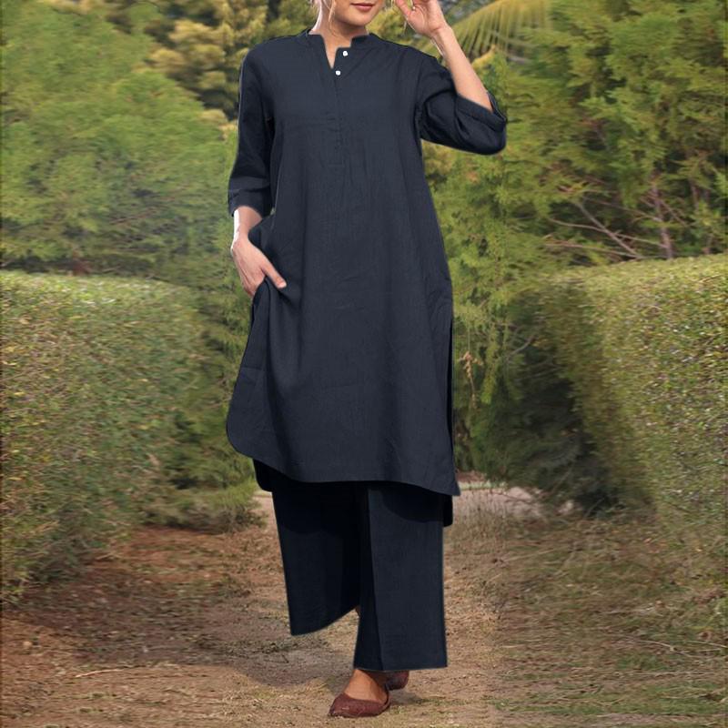 2025 Spring/Summer Women's Plus Size Sportswear: V-Neck Cotton & Linen 3/4 Sleeve Top and Wide-Leg Trousers Set.