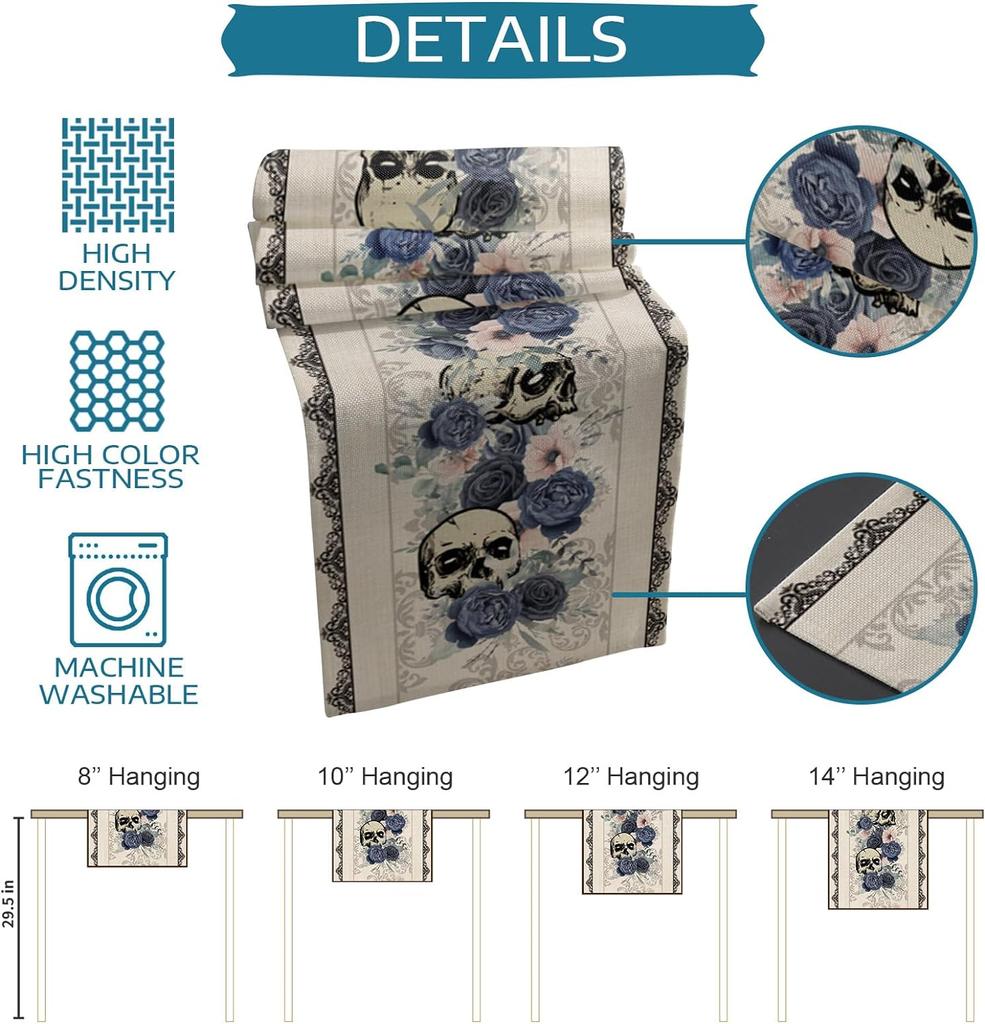 Halloween Goth Style Skulls Flowers Linen Table Runner Dresser Scarves Farmhouse Kitchen Dining Table Runner Party Decorations