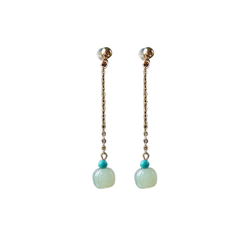 Elegant Jade & Turquoise Apple Bead Earrings with 14k Gold Plated Ear Wires - Chinese Style for Women