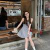College style round neck sleeveless waist thin dress women's summer French gray short temperament vest A-shaped skirt