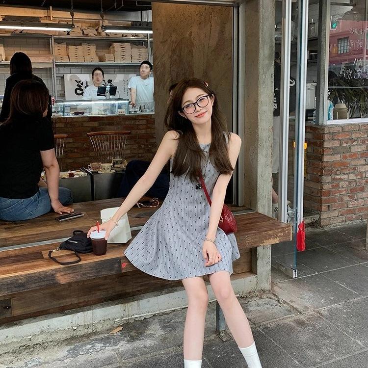 College style round neck sleeveless waist thin dress women's summer French gray short temperament vest A-shaped skirt