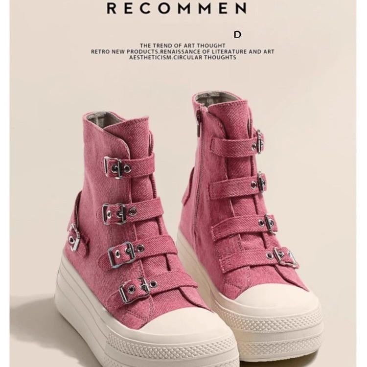 Fashion Thick-soled, high-heeled canvas boots, French-style casual, breathable, buckled, fashionable women's shoes