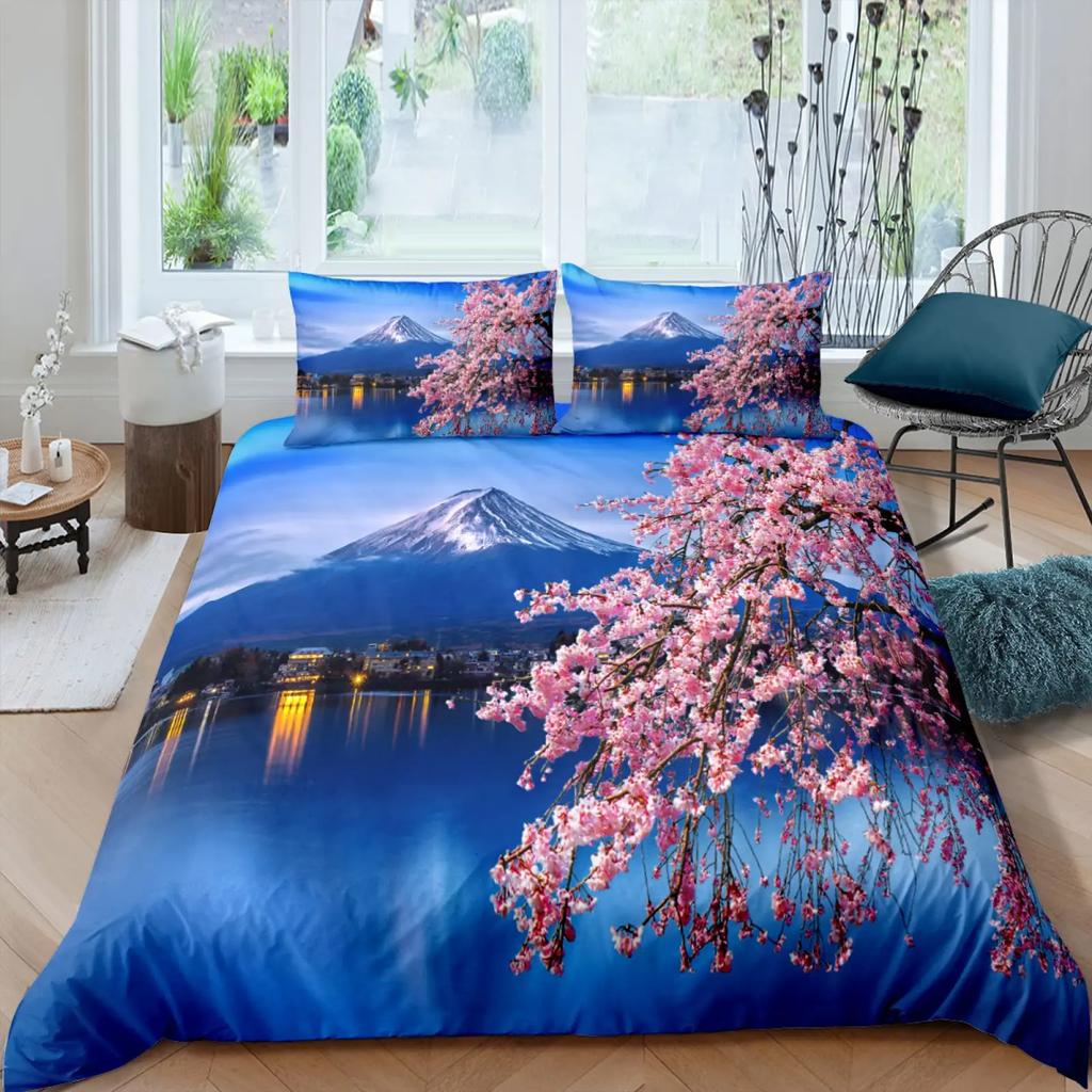 Giappone Monte Fuji Set Copripiumino Morbido Copripiumino Caldo Ciliegio Set Biancheria da Letto Retrò Torre Copri Trapunta Dimensioni Queen Size