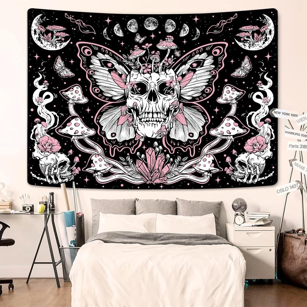 Pink Gothic Skull Tapestry Butterfly Wing Crystal Wild Flower Moon Phase Wall Art for Dark Aesthetic Room Decor
