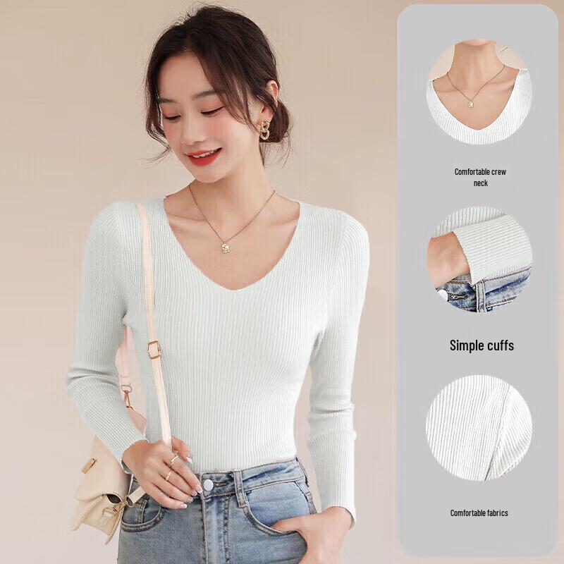 JEANSWEST Women's Slim V-Neck Long Sleeve Knit Top