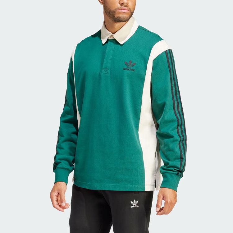 Adidas Originals Three-Stripes Colorblock Rugby Polo Shirt Long Sleeve Men Tops Green IU0210