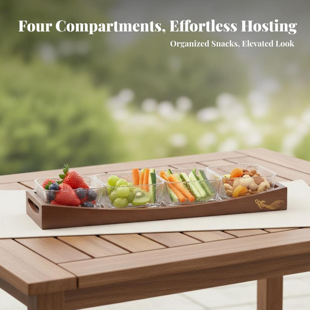 Wood Snack Tray with Glass Bowls Wooden Serving Dishes Appetizer