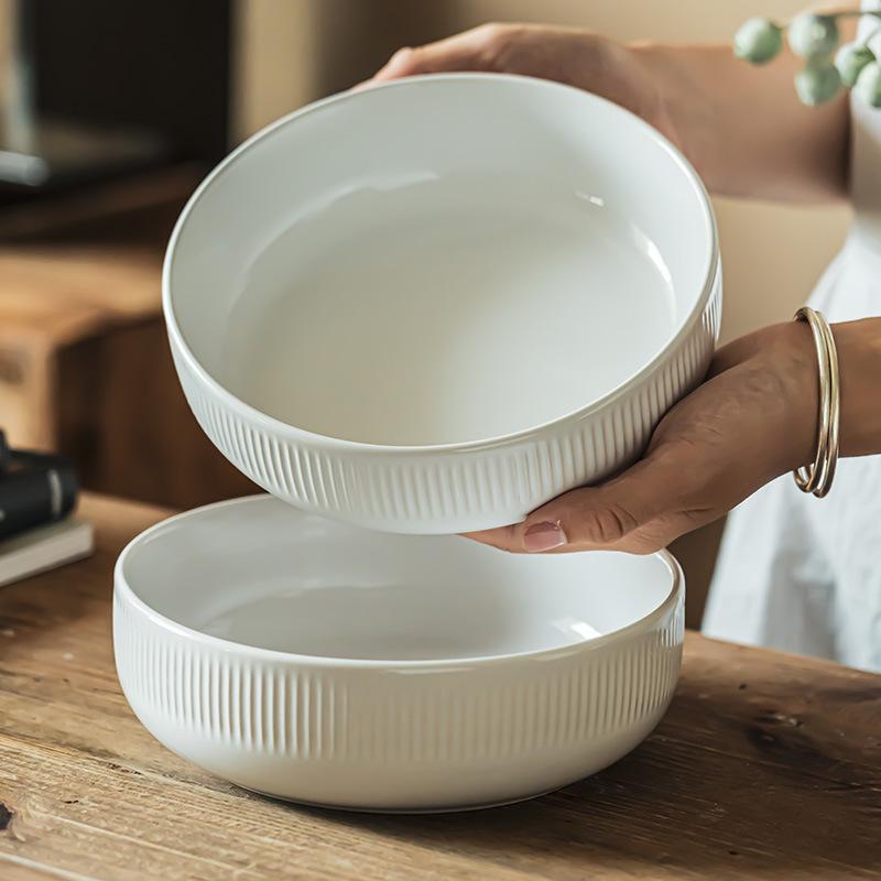 Light Luxury High-End Sense Solid Color Ceramic Deep Plate Household Vegetable Plate Design Sense Vertical Pattern Plate Versatile Large Plate Kitchen