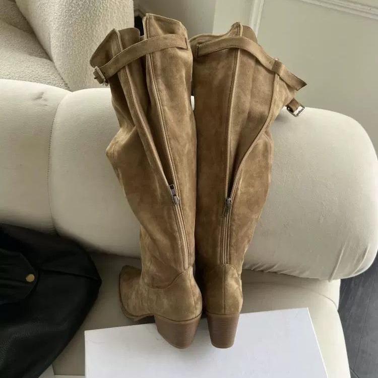 Stivali da Cavaliere Sottili con Tacco Alto Song Xixi 2025 Europei e Americani - Gambale Extra Largo, Tacco Chunky, Punta Sottile