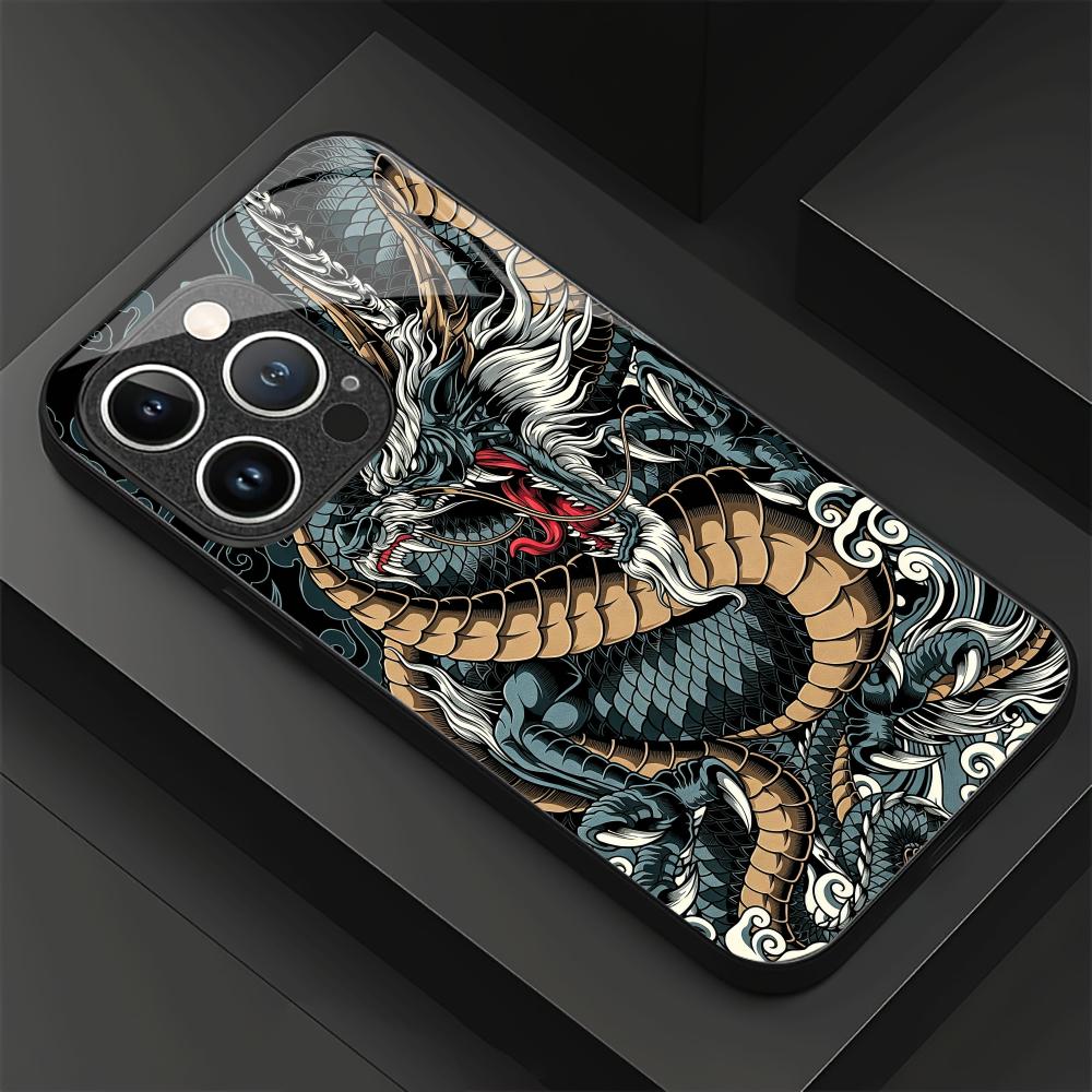 Dragon Black Glass Phone Shell For iPhone 16 Plus 15 Pro 14 13 12 Pro Max Soft Silicone Shock Absorption Drop Proof Shell Case