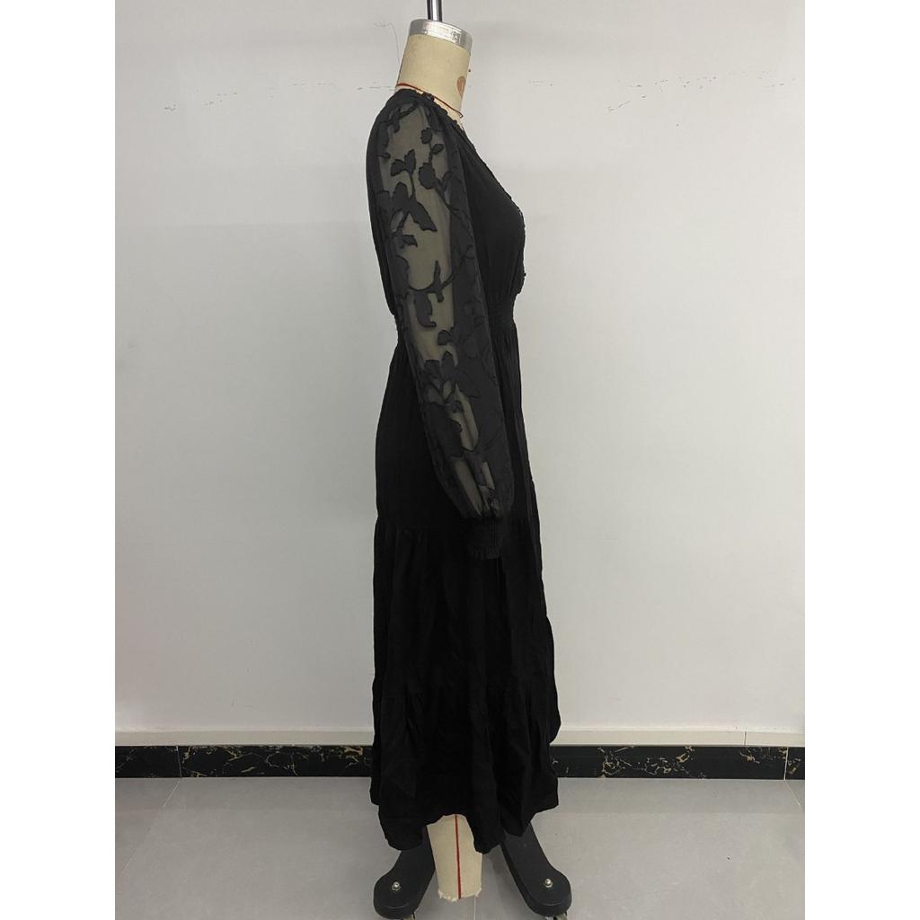 New Women's Elegant V-Neck Waist Cinched Solid Color Lace Long Sleeve Dress Leisure