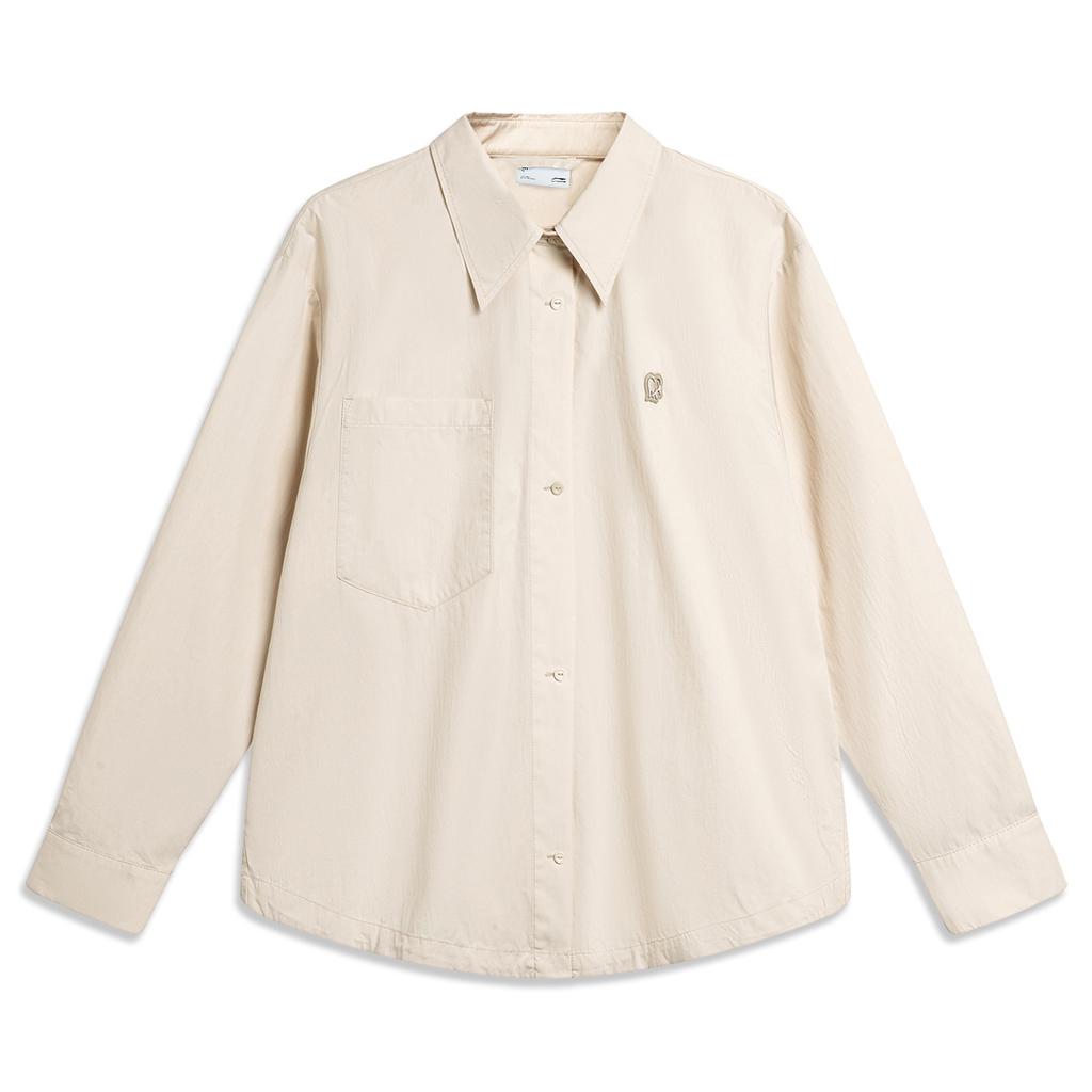 Li Ning Plain Single-Breasted Point Collar Long Sleeve Shirt Women Shirts Oatmeal-Gray ASHU460-3