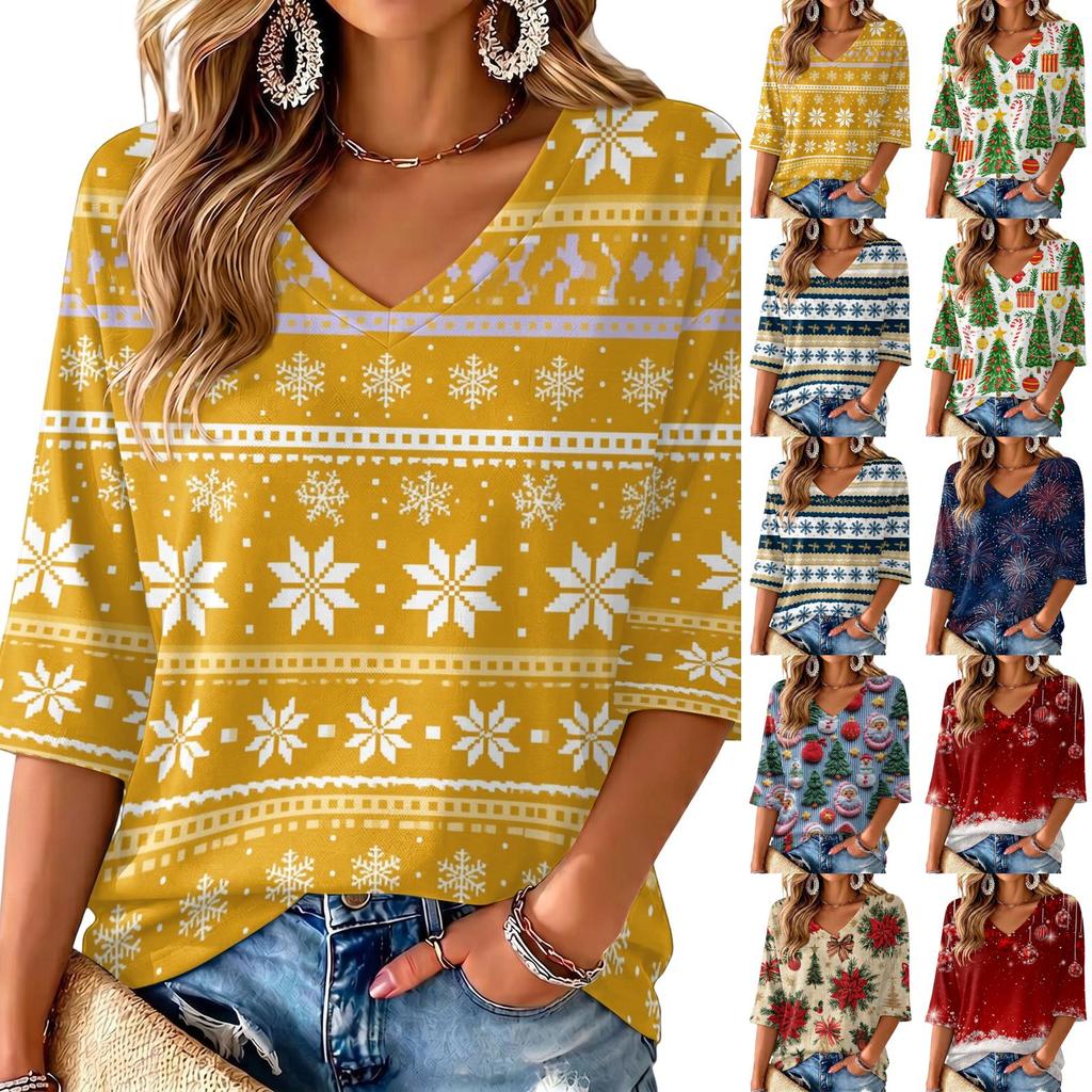 Women's V-neck Christmas Print Three-quarter Sleeve Lightweight Top