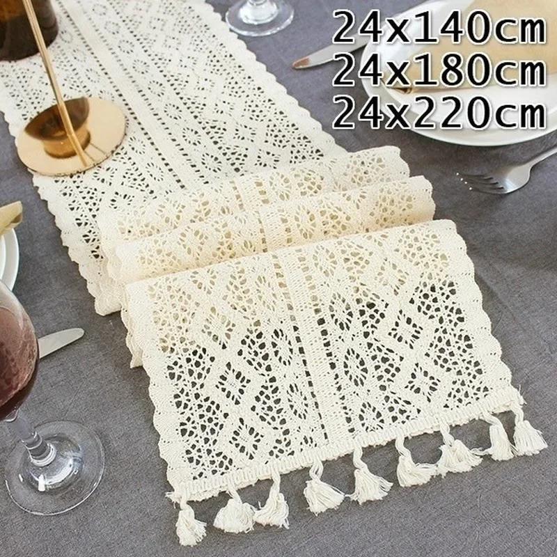 Nordic Crochet Lace Table Runner With Tassel Hollow Tablecloth Romance Wedding Party Table Protector Cover Table Cloth