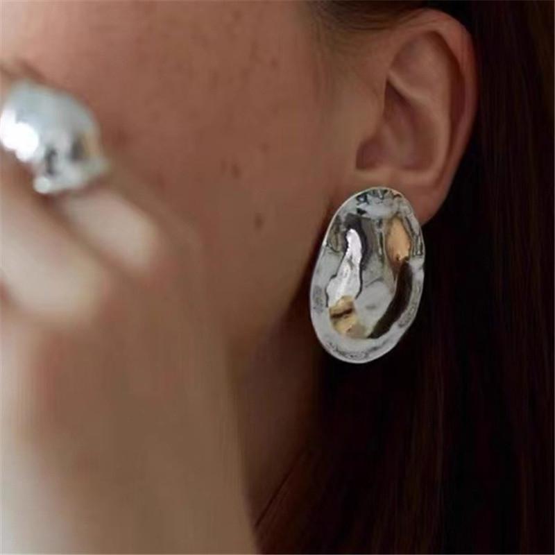 European American Metal Irregular Exaggerated Oval Large Stud Earrings for Women Party Travel Jewelry Accessories
