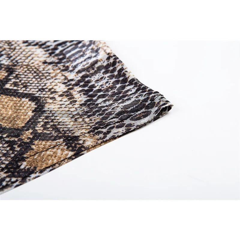 Casual Green Snake Print T Shirt Women Mesh Top Long Sleeve Transparent Snakeskin Female T-shirt High Neck Crop Tops