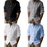 Casual Mens Linen Cotton Long Sleeve Shirt With Breathable Henley Collar For Summer Wear