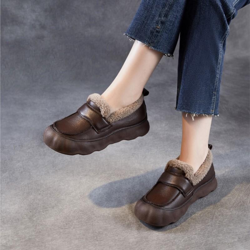 Johnature Genuine Leather Flat Slip-on Cotton Shoes Casual Soft Sole With Plush Warm Women's Loafers