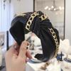 New Fashion Leather Headband Women Soft PU Hairband Gold Alloy Chain Headwear Wide Side Solid Headwear Autumn Hair Accessories