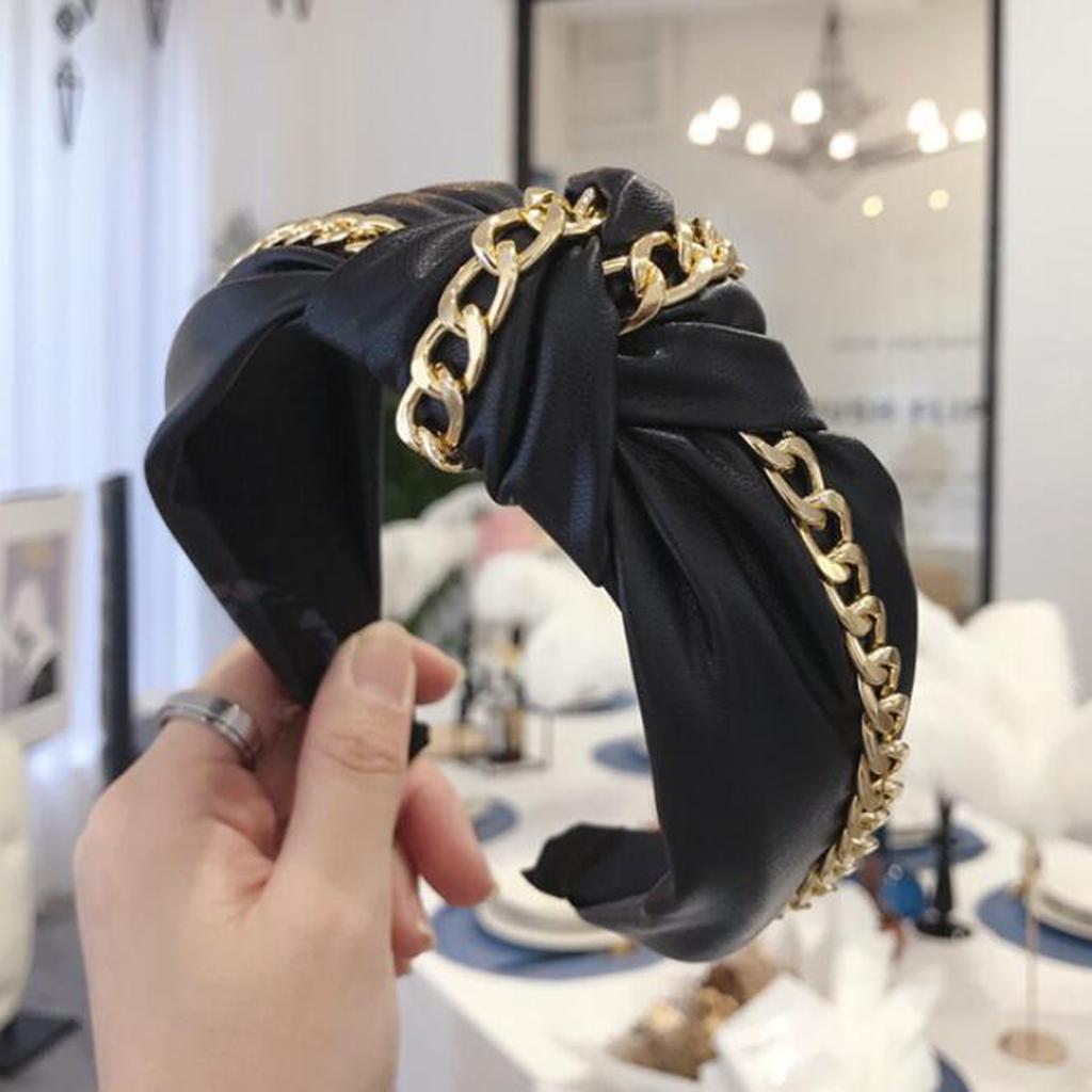 New Fashion Leather Headband Women Soft PU Hairband Gold Alloy Chain Headwear Wide Side Solid Headwear Autumn Hair Accessories