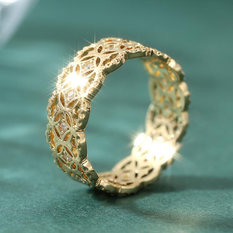 Minimalist Inlaid White CZ Women's Ring Trendy CopperColor Hand Carving Hollow Daily Wear Party Jewelry Anniversary Gift