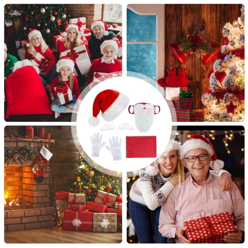 Christmas Cowman Hat Scarf Self Adhesive Eyebrows, Santa Mask with Long Beards for Women Men