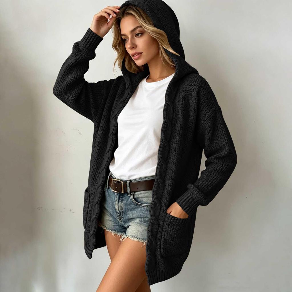 Women's Casual Hooded Cable Knit Cardigan with Pockets, Color Loose Fit