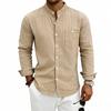 Camicia da Uomo Stile Americano Primavera Estate Lino a Righe Larga Casual Collo Alto Manica Lunga Tasche Taglia S