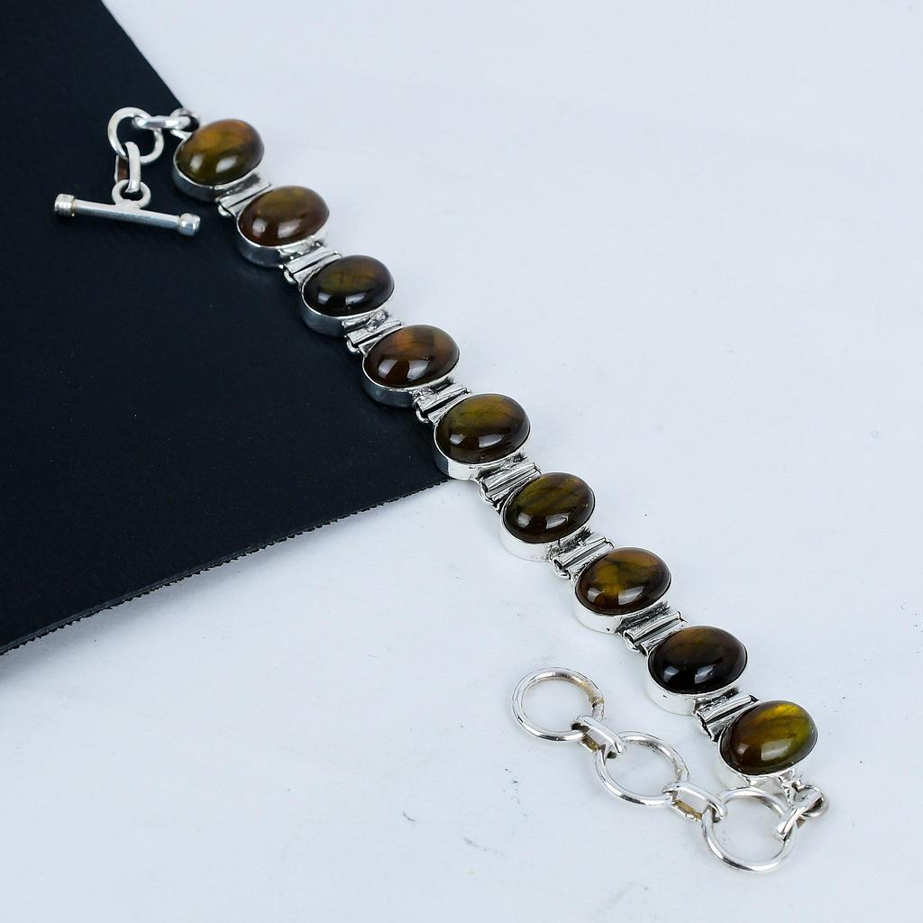 Natural Yellowe Flash Labradorite Gemstone Handmade 925 Sterling Silver Bracelet, Yellowe Flash Labradorite Bracelet For Wife , Unisex Bracelet